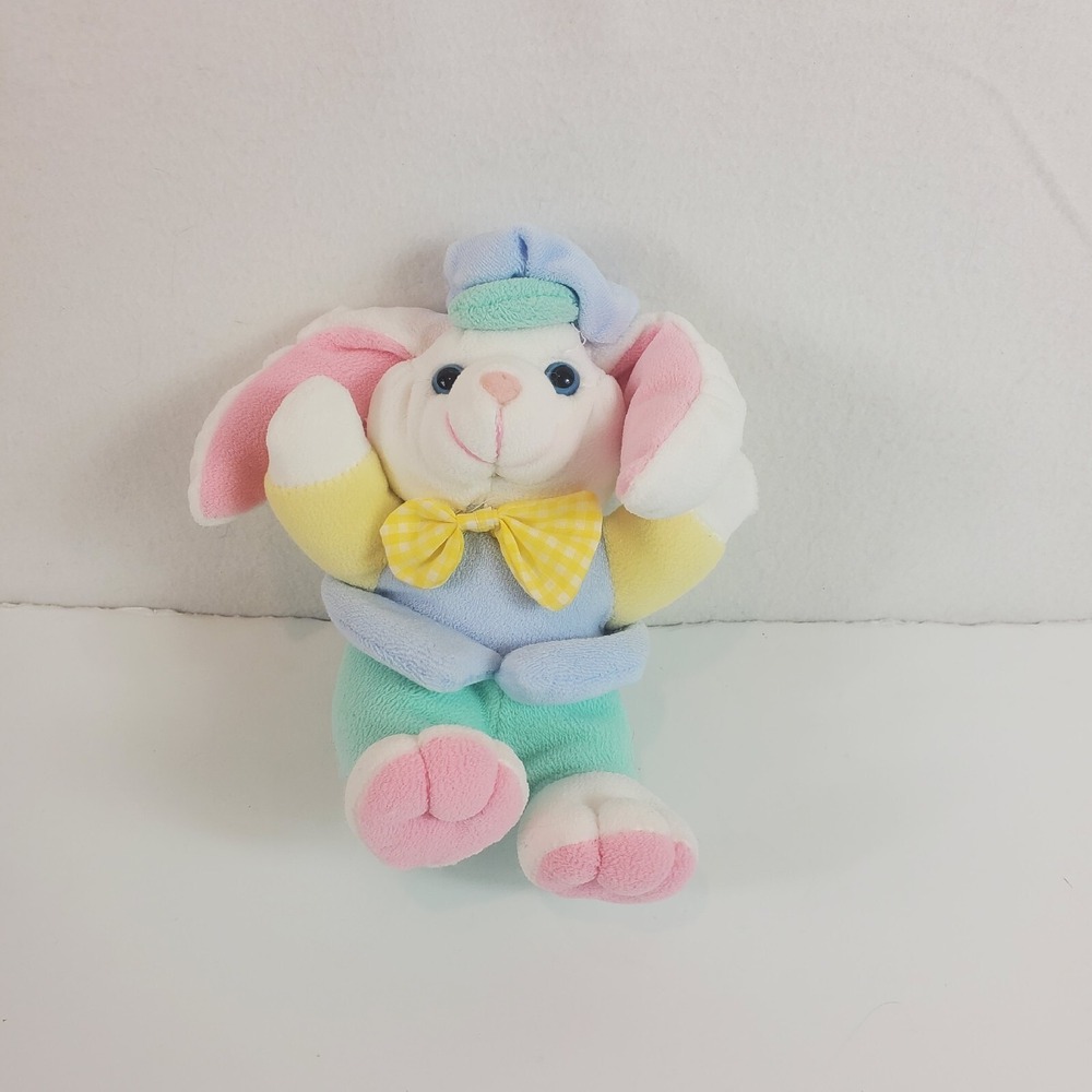 MTY International Plush Pastel Bunny Rabbit Stuffed Animal hat gingham bowtie